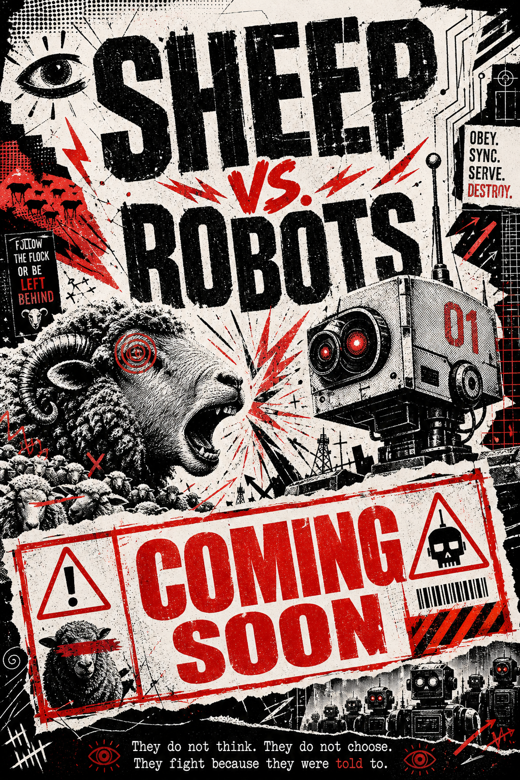 Sheep Vs Robots coming soon teaser artwork for a satire about sheep, robots, obedience, and enslavement.